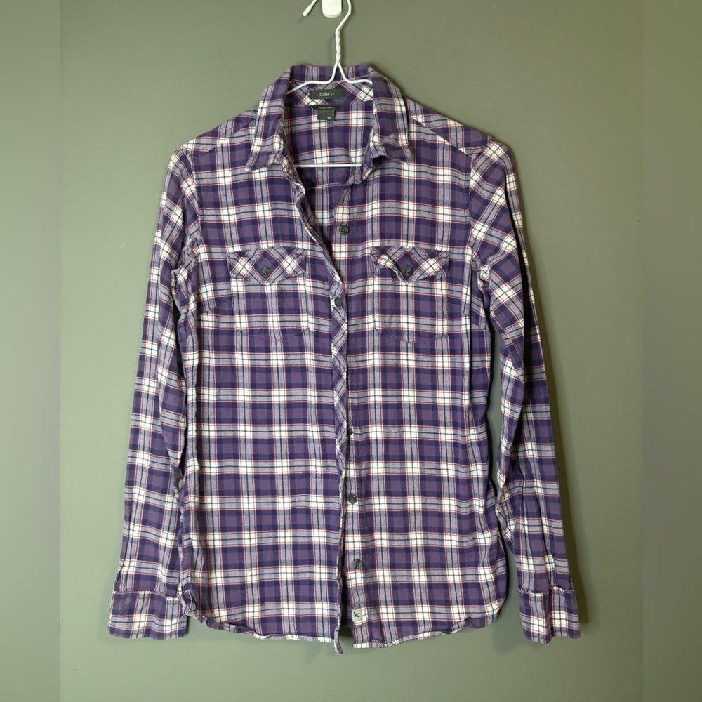 Eddie Bauer XS Classic Fit purple plaid 100% cotton flannel button-up shirt - Picture 2 of 6